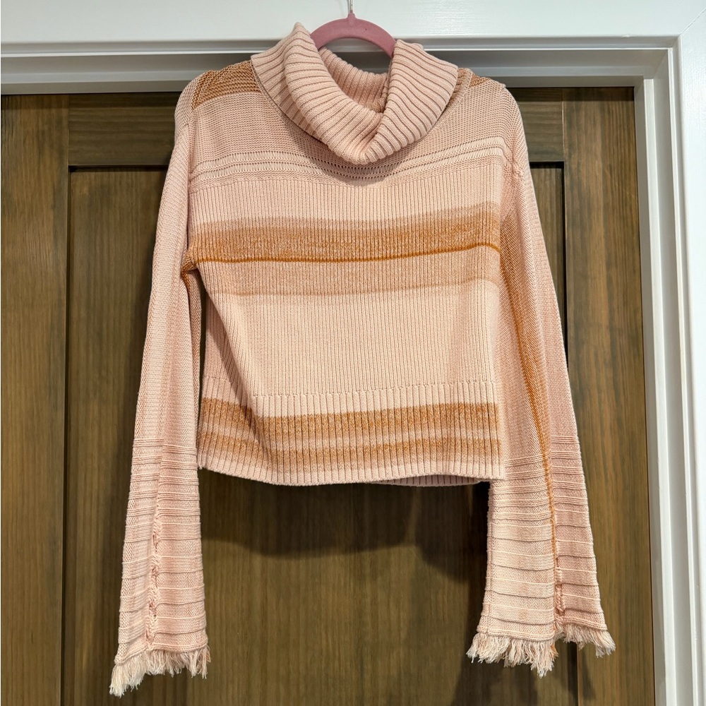 Free People Cropped Striped Pink and Tan Turtleneck Sweater